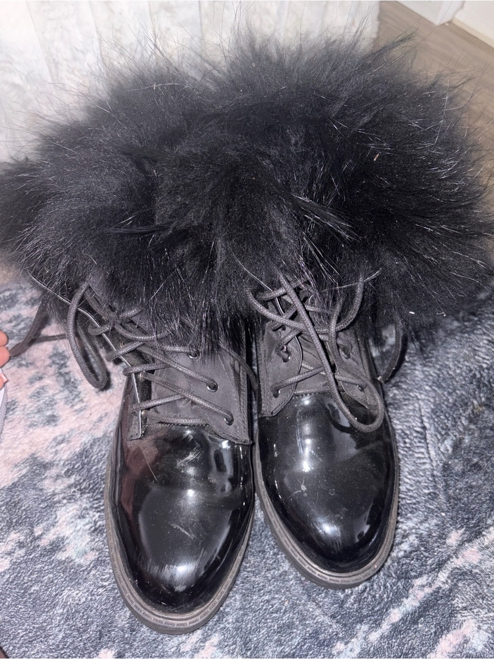 Black Faux Fur Lace-Up Women's Boots